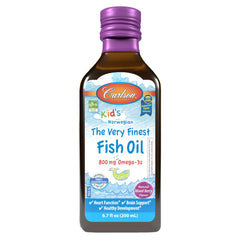 Carlson Kids The Very Finest Fish Oil bottle displaying omega-3 content for daily intake