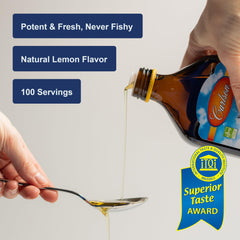 Carlson lemon-flavored fish oil with lemon wedge for flavor pairing.