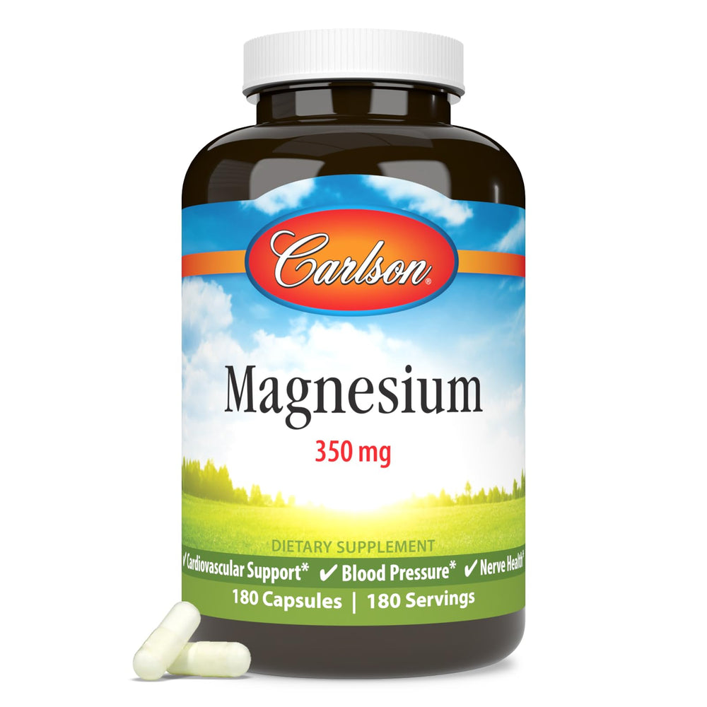 Carlson Magnesium 350mg bottle with capsules for daily muscle support.