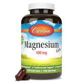 Carlson Magnesium Gels bottle shows 400 mg per softgel for muscle support