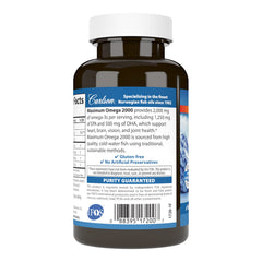 Carlson Maximum Omega 2000 label highlights wild-caught and sustainability facts.