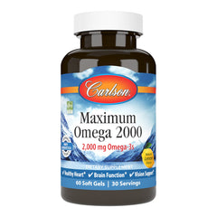 Carlson Maximum Omega 2000 lemon softgel bottle for daily wellness.