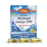 Carlson Maximum Omega 2000 pack front for on-the-go omega-3 convenience.