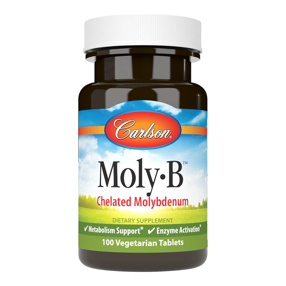 Carlson Moly-B bottle label shows dosage and molybdenum content for metabolism support.