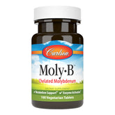 Carlson Moly-B bottle label shows dosage and molybdenum content for metabolism support.