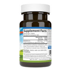 Carlson Moly-B capsules close-up highlight chelated molybdenum for enzyme activation.