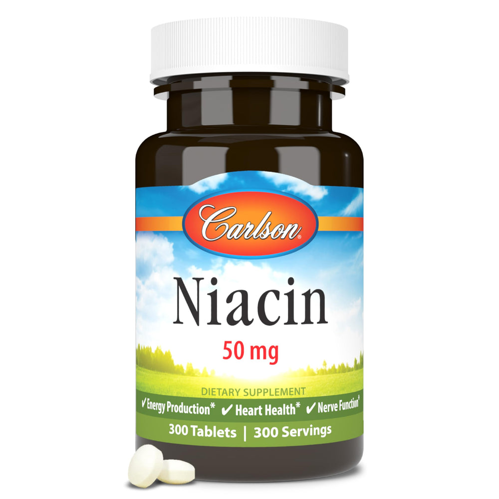 Carlson Niacin 50 mg bottle front showing metabolism support potential