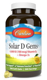 Carlson Solar D Gems bottle front with lemon flavor for daily bone health support.