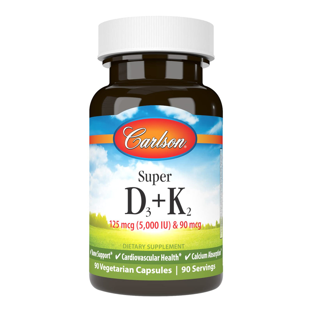 Carlson Super D3 + K2 bottle shows 125 mcg D3 and 90 mcg MK-7 for bone support.