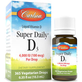 Carlson Super Daily D3 bottle pour demonstrates easy-dose delivery for daily supplementation.