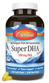 Carlson Super DHA Gems bottle front shows a premium fish oil supplement for daily brain and vision support