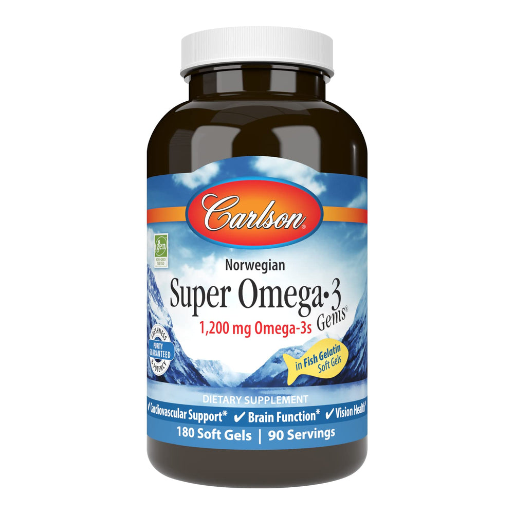 Carlson Super Omega-3 Gems bottle front shows omega-3 potency for heart and brain support