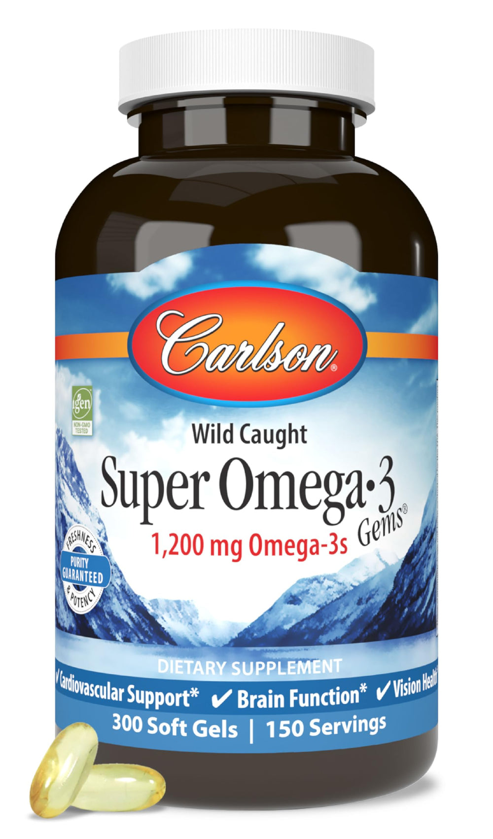 Carlson Super Omega-3 Gems bottle highlighting daily wellness and 1,200 mg omega-3s