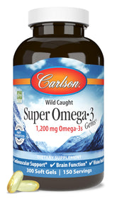 Carlson Super Omega-3 Gems bottle highlighting daily wellness and 1,200 mg omega-3s