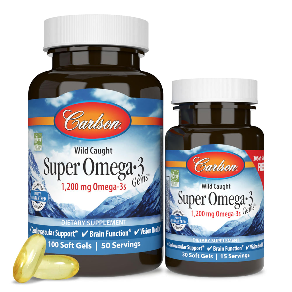 Carlson Super Omega-3 Gems bottle with capsules for daily wellness