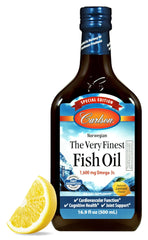 Carlson The Very Finest Fish Oil special edition bottle on shelf, ideal for daily omega-3 supplementation.