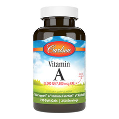 Carlson Vitamin A 25,000 IU bottle supports healthy vision and antioxidant protection.