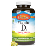 Carlson Vitamin D3 5000 IU soft gels in bottle for bone health support.