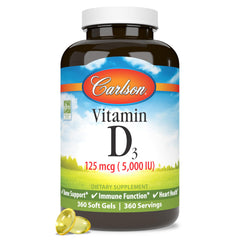 Carlson Vitamin D3 5000 IU soft gels in bottle for bone health support.