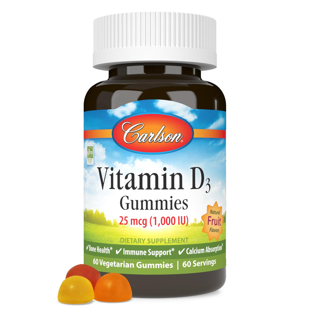 Carlson Vitamin D3 Gummies front label shows 1000 IU per gummy for bone health
