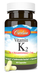 Carlson Vitamin K2 MK-4 bottle front with 60 capsules for daily bone and heart support