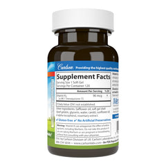 Carlson Vitamin K2 MK-7 softgel close-up showing easy-to-swallow capsules.