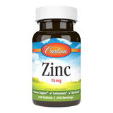Carlson Zinc 15 mg bottle label highlights dosage and immune support.