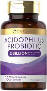 Carlyle Acidophilus bottle closeup showing 2B CFU per serving for daily support