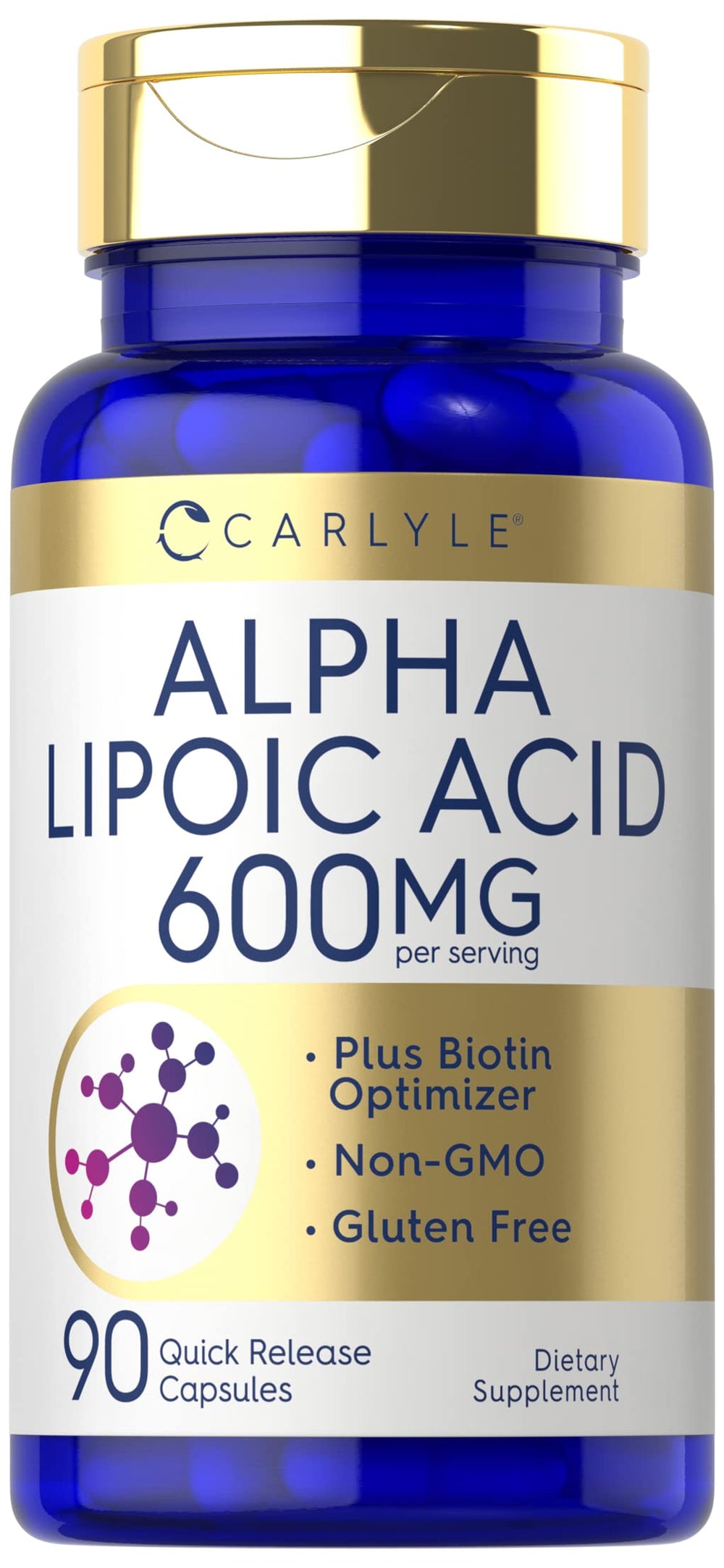 Carlyle Alpha Lipoic Acid 600mg bottle front for premium antioxidant support branding.