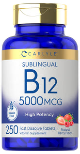Carlyle B12 5000 mcg Sublingual bottle pour highlights berry flavor for daily use