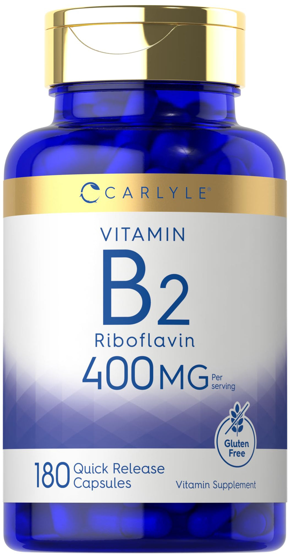 Carlyle B2 400mg bottle front showing riboflavin supplement for daily use