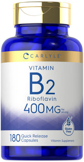 Carlyle B2 400mg bottle front showing riboflavin supplement for daily use