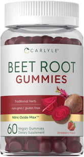 Carlyle Beet Root Gummies bottle on counter, convenient daily supplement.