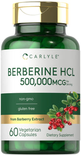 Carlyle Berberine HCL supplement bottle with 60 vegetarian capsules for gluten-free wellness.