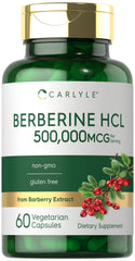 Carlyle Berberine HCL supplement bottle with 60 vegetarian capsules for gluten-free wellness.