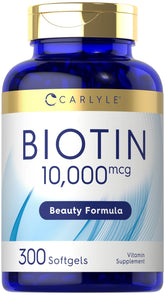 Carlyle Biotin 10000mcg softgels in bottle packaging for daily beauty support.