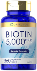 Carlyle Biotin 5000mcg bottle with 360 vegetarian tablets for daily beauty support