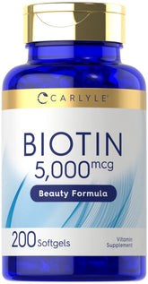 Carlyle Biotin 5000mcg softgels bottle closeup for daily beauty routine