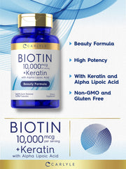 Carlyle Biotin keratin formula label emphasizes hair health synergy.