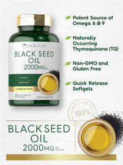 Carlyle Black Seed Oil softgels label shows gluten-free and Non-GMO claims.