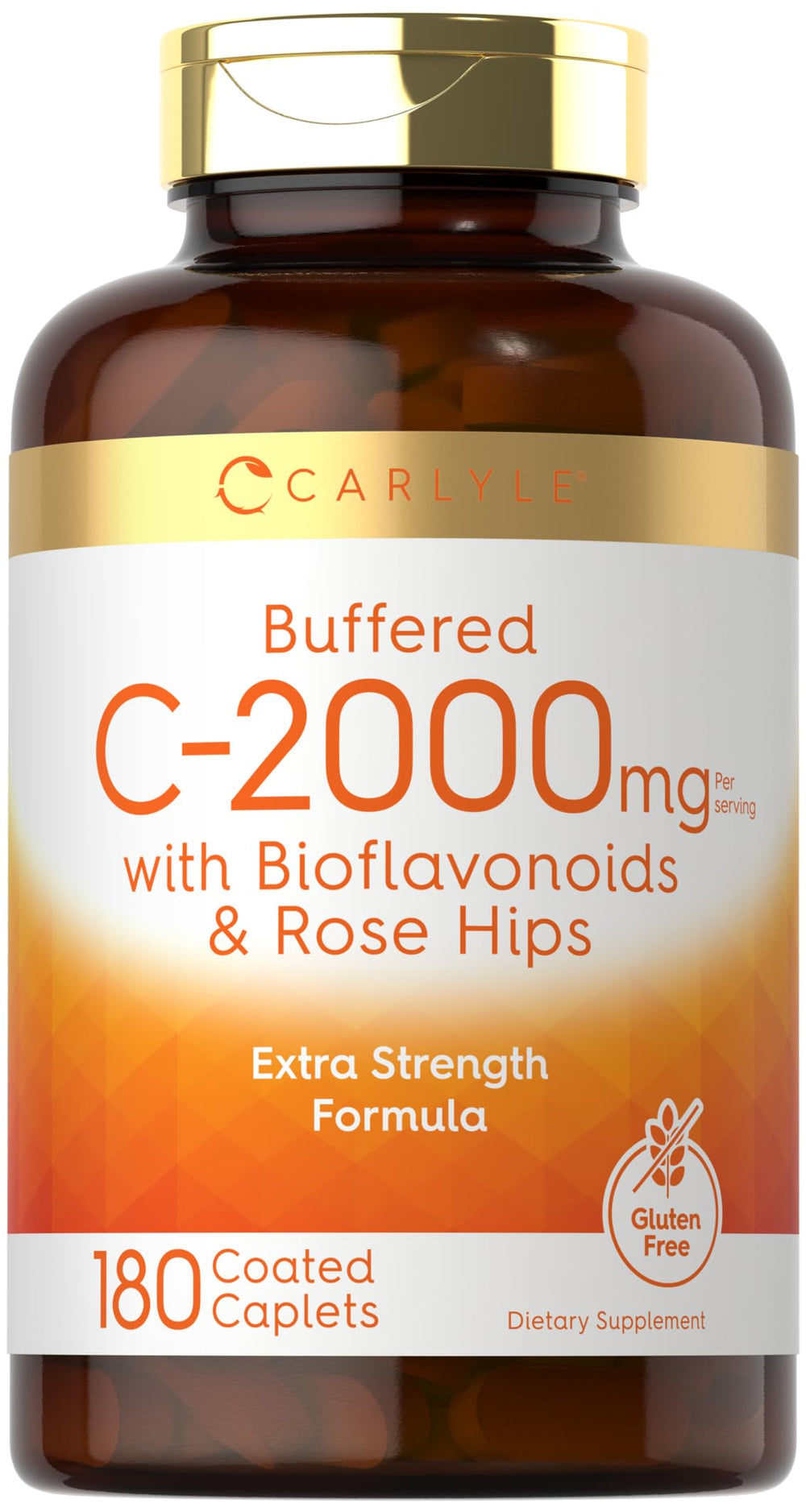 Carlyle Buffered Vitamin C 2000mg bottle highlights gentle support for sensitive stomachs.