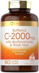 Carlyle Buffered Vitamin C 2000mg bottle highlights gentle support for sensitive stomachs.