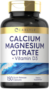 Carlyle Calcium Magnesium Citrate bottle label with vitamin D3 for easy daily dosing