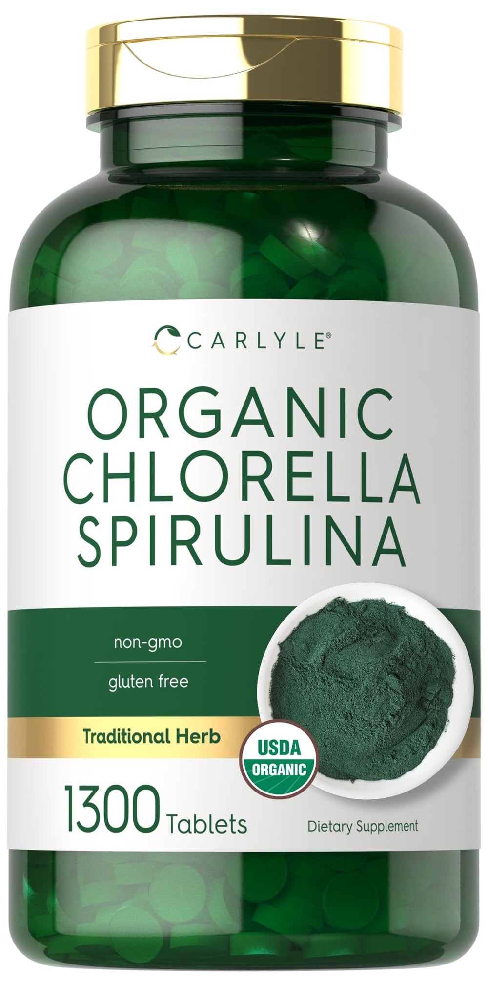 Carlyle Organic Chlorella Spirulina tablets bottle on shelf for daily wellness