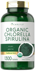 Carlyle Organic Chlorella Spirulina tablets bottle on shelf for daily wellness