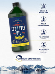 Carlyle cod liver oil liquid label closeup, trustworthy quality and ingredients.