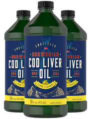 Carlyle cod liver oil liquid lemon bottle front, premium flavor for easy daily use.