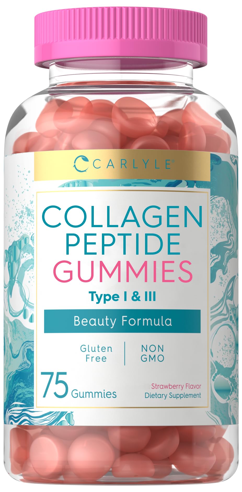 Carlyle Collagen Gummies bottle front with strawberry flavor for daily use.