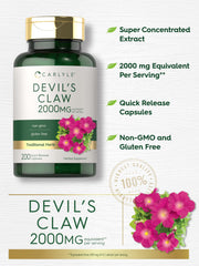 Carlyle Devils Claw 2000 mg capsules close-up, quick-release design for swallowing ease.