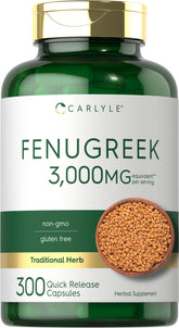 Carlyle Fenugreek capsules bottle front with gluten-free, non-GMO formula for daily use.